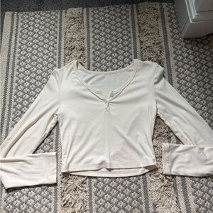 Cream Long-Sleeve Henley Crop Top - Women